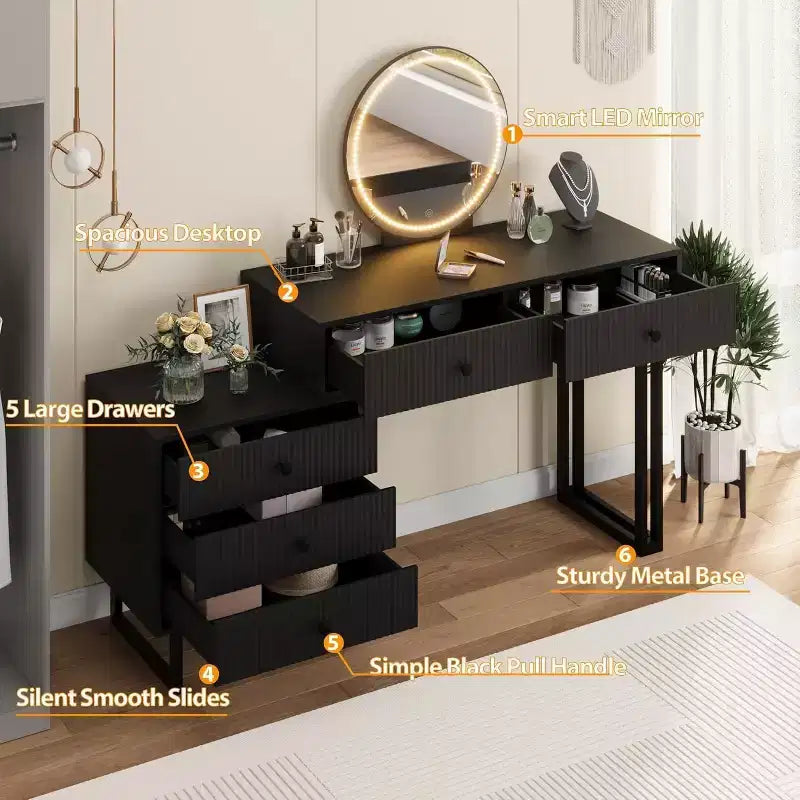COZONY Coiffeuse avec miroir et lumières, Petite table de maquillage avec tiroirs, Coiffeuse moderne avec 3 couleurs de luminosité réglable pour chambre à coucher