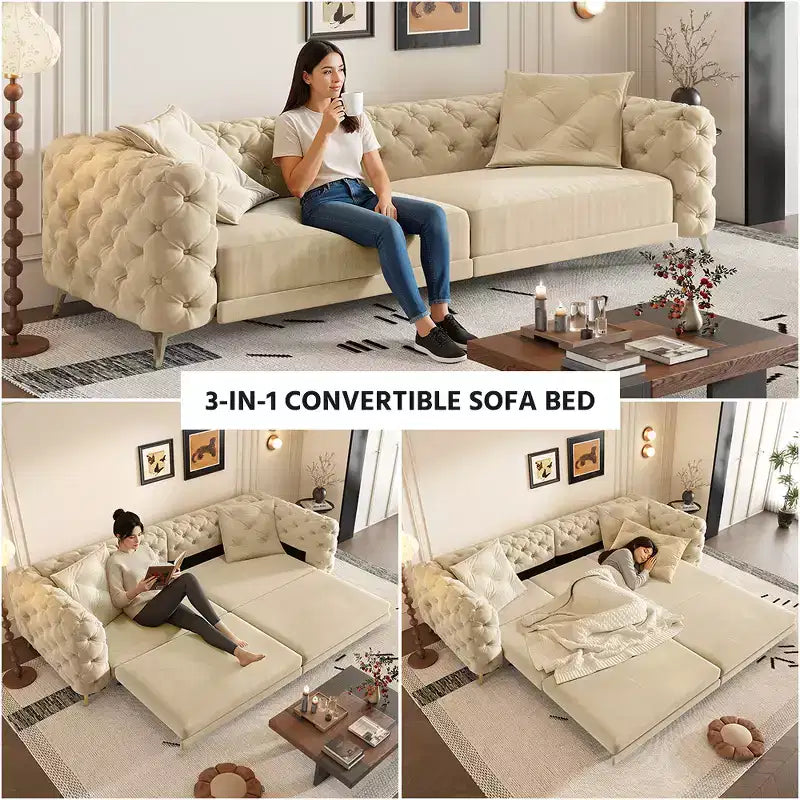 Canapé convertible 3-en-1 Whisen 97.7, assise profonde 28.4 avec capitonnage, 4 places avec pouf