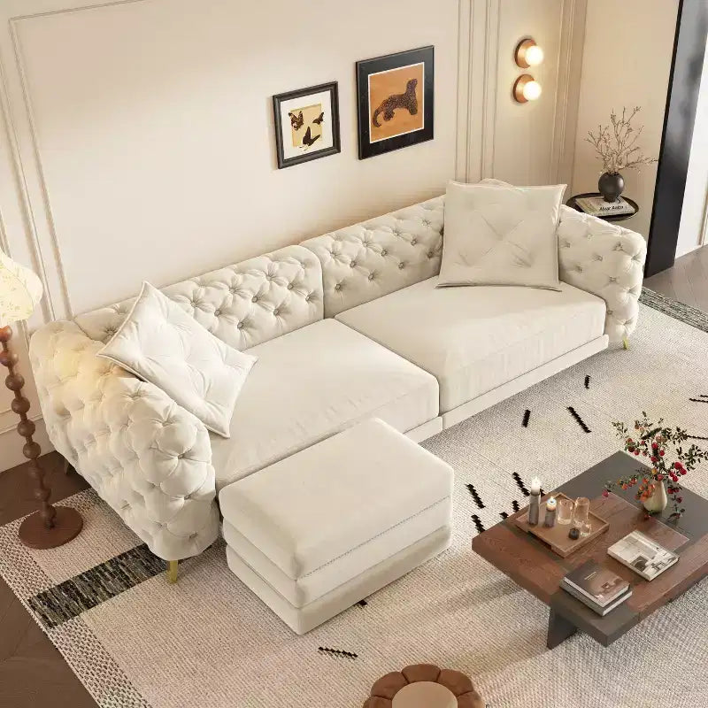 Canapé convertible 3-en-1 Whisen 97.7, assise profonde 28.4 avec capitonnage, 4 places avec pouf