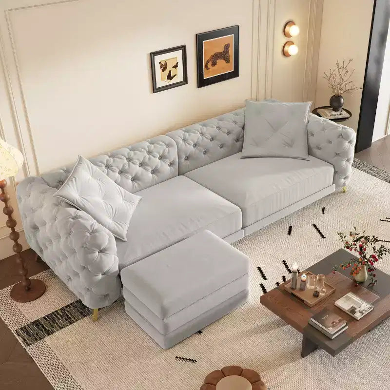 Canapé convertible 3-en-1 Whisen 97.7, assise profonde 28.4 avec capitonnage, 4 places avec pouf