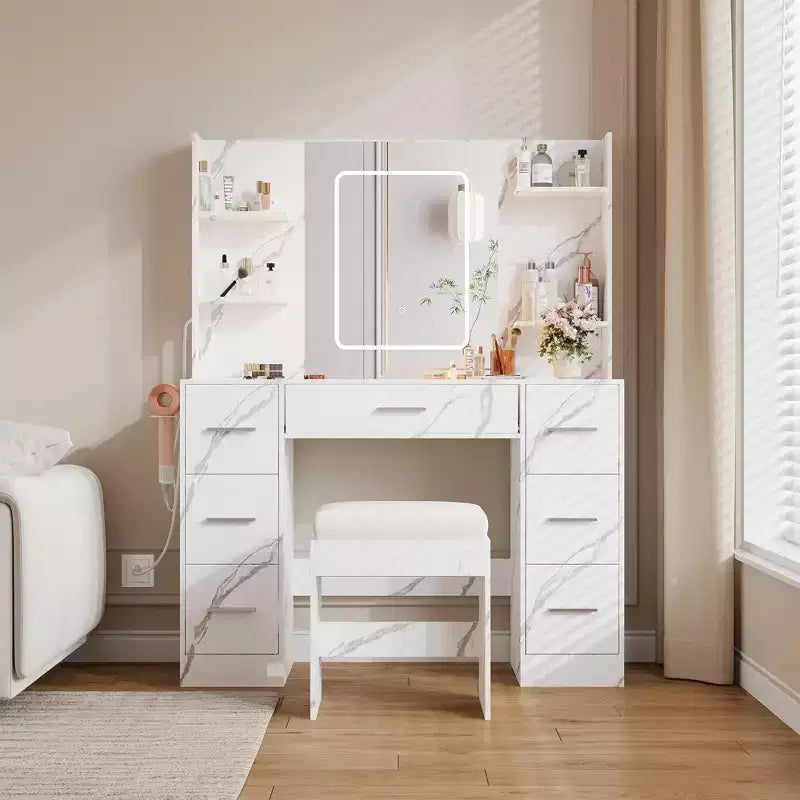Coiffeuse avec tabouret, Ensemble coiffeuse de chambre à coucher, Support pour sèche-cheveux, Étagères ouvertes, 7 tiroirs, Luminosité réglable sur 3 modes de couleur