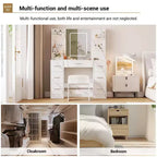 Coiffeuse avec tabouret, Ensemble coiffeuse de chambre à coucher, Support pour sèche-cheveux, Étagères ouvertes, 7 tiroirs, Luminosité réglable sur 3 modes de couleur