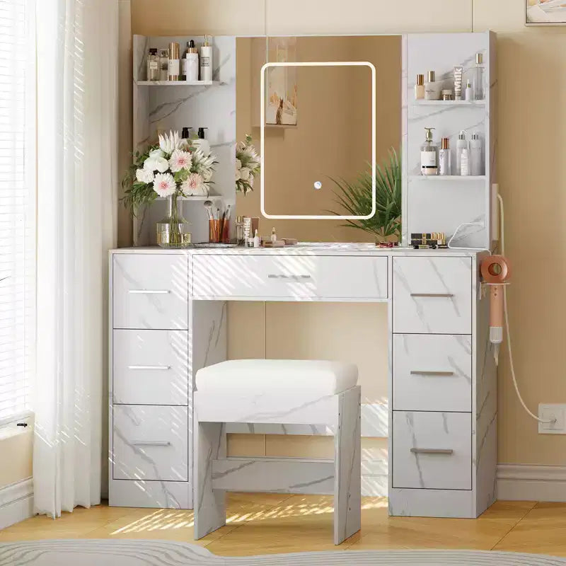 Coiffeuse avec tabouret, Ensemble coiffeuse de chambre à coucher, Support pour sèche-cheveux, Étagères ouvertes, 7 tiroirs, Luminosité réglable sur 3 modes de couleur