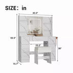 Coiffeuse avec tabouret, Ensemble coiffeuse de chambre à coucher, Support pour sèche-cheveux, Étagères ouvertes, 7 tiroirs, Luminosité réglable sur 3 modes de couleur