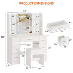 Coiffeuse avec tabouret, Ensemble coiffeuse de chambre à coucher, Support pour sèche-cheveux, Étagères ouvertes, 7 tiroirs, Luminosité réglable sur 3 modes de couleur