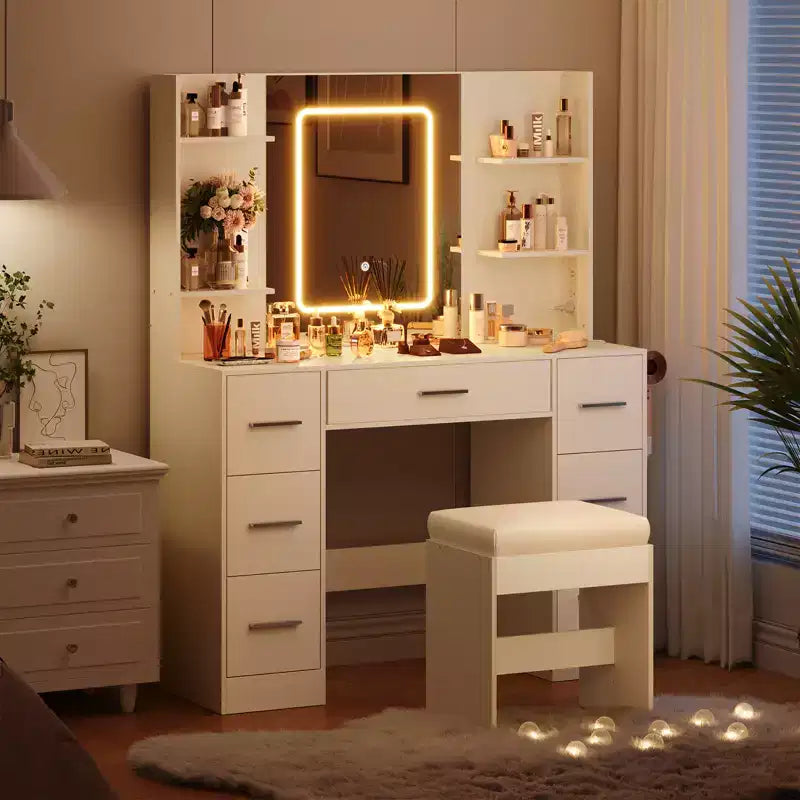 Coiffeuse avec tabouret, Ensemble coiffeuse de chambre à coucher, Support pour sèche-cheveux, Étagères ouvertes, 7 tiroirs, Luminosité réglable sur 3 modes de couleur