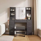 Coiffeuse avec tabouret, Ensemble coiffeuse de chambre à coucher, Support pour sèche-cheveux, Étagères ouvertes, 7 tiroirs, Luminosité réglable sur 3 modes de couleur