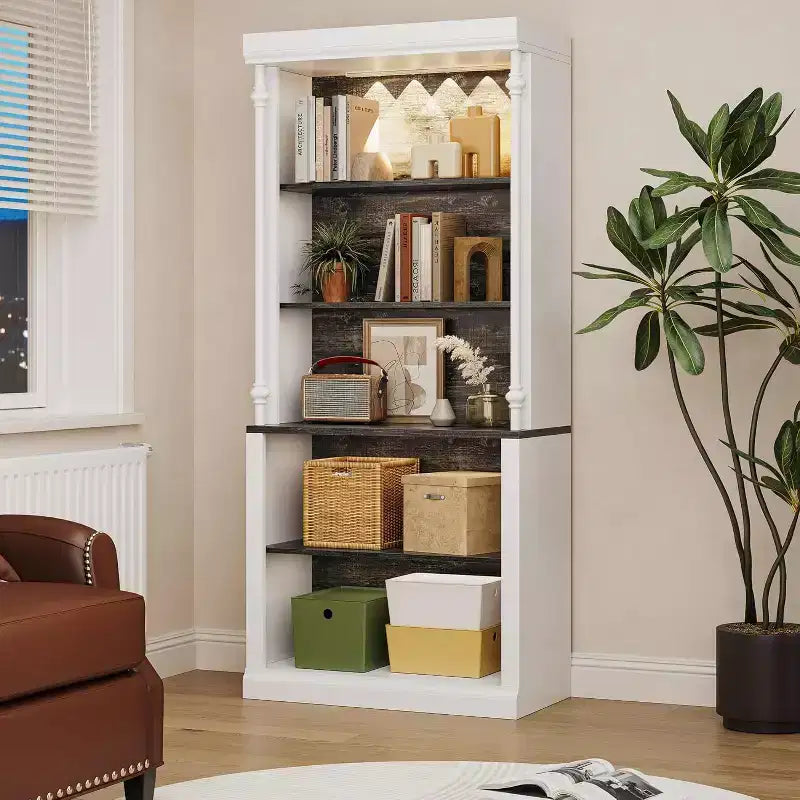 71'' Bookshelf with Adjustable Shelves,5-Tier Display Cabinet Farmhouse Wood Bookcase with Anti-Tip Design for Living Room Office