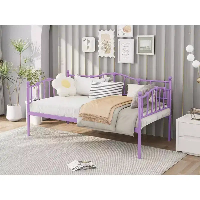 Lit de jour métallique double, Canapé-lits avec support et tête de lit en lattes d'acier, Peu encombrant, Aucun sommier tapissier requis, pour Appartement, Salon, Petits espaces