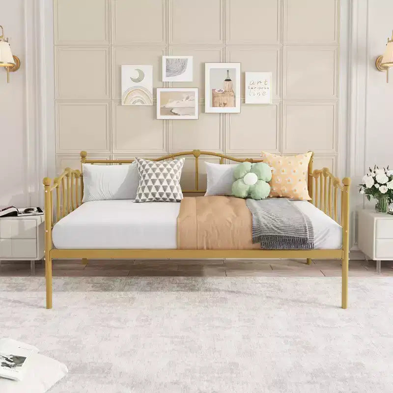 Lit de jour métallique double, Canapé-lits avec support et tête de lit en lattes d'acier, Peu encombrant, Aucun sommier tapissier requis, pour Appartement, Salon, Petits espaces