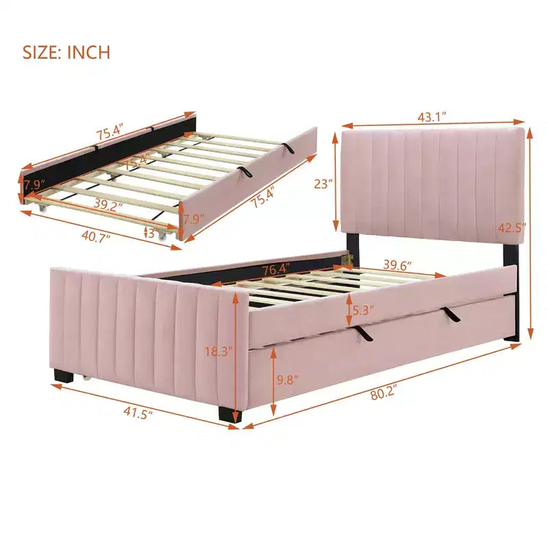 Bellemave Cadre de lit jumeau avec lit gigogne, Cadre de lit rembourré en velours, Lit plateforme rembourré jumeau pour enfants adolescents adultes rose