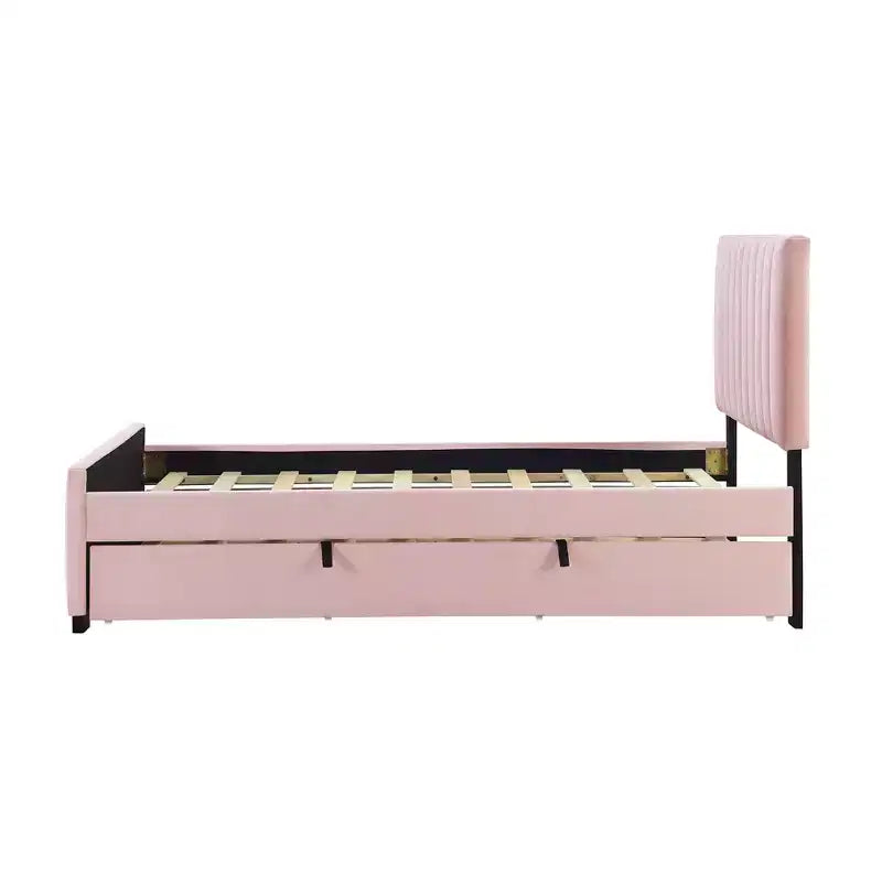 Bellemave Cadre de lit jumeau avec lit gigogne, Cadre de lit rembourré en velours, Lit plateforme rembourré jumeau pour enfants adolescents adultes rose