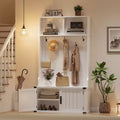 76 White Farmhouse Hall Tree with Bench, Shoe Storage, 5 Tri-Hooks Coat Rack, Adjustable Shelf, Mudroom Entryway Organizer, Space-Saving, White