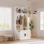 Meuble d'entrée 76" style ferme blanche avec banc, rangement à chaussures, porte-manteau à 5 crochets triples, étagère réglable, organisateur de vestiaire, peu encombrant, blanc