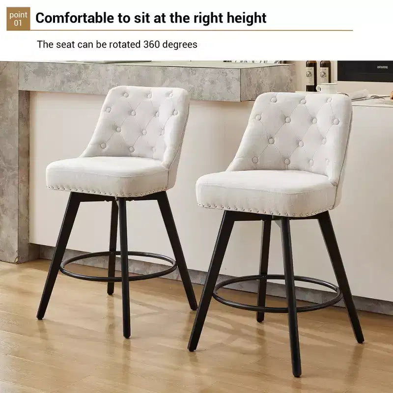 2 tabourets de bar pivotants de 66 cm avec dossier, pieds en bois massif et dossier en similicuir pour îlot de cuisine
