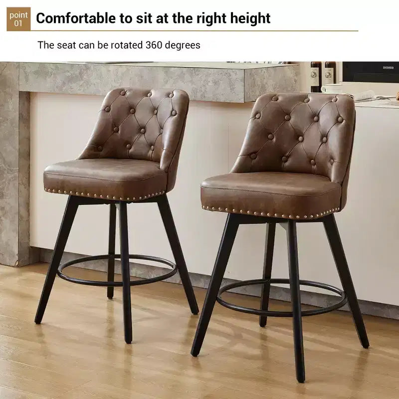 2 tabourets de bar pivotants de 66 cm avec dossier, pieds en bois massif et dossier en similicuir pour îlot de cuisine