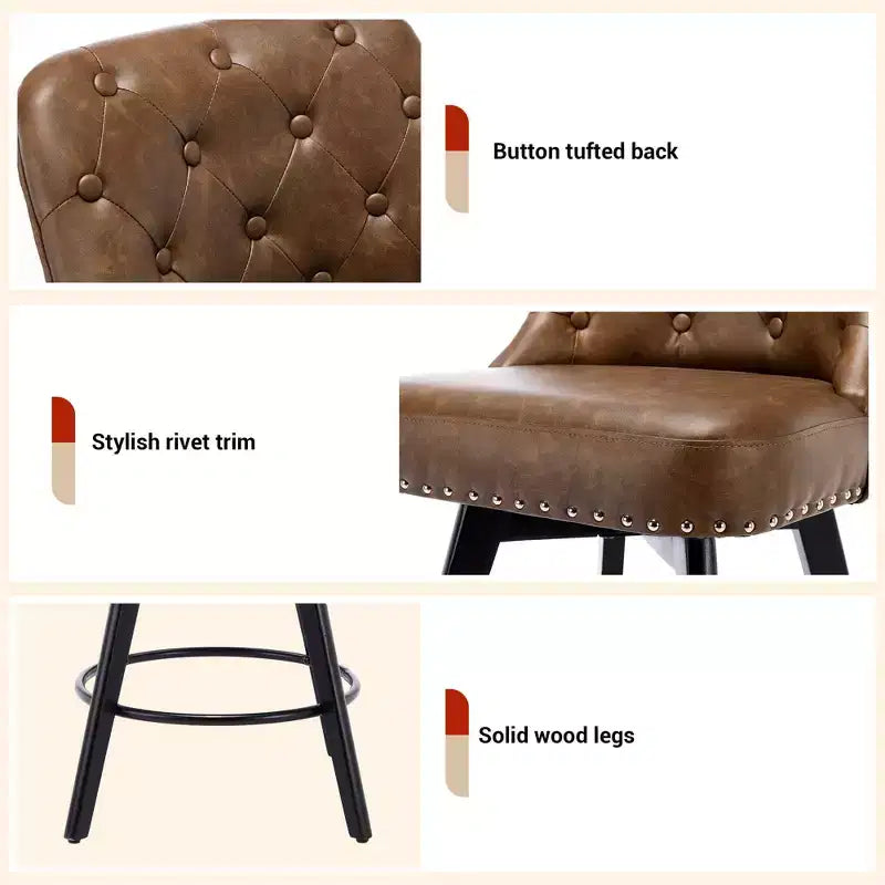 2 tabourets de bar pivotants de 66 cm avec dossier, pieds en bois massif et dossier en similicuir pour îlot de cuisine