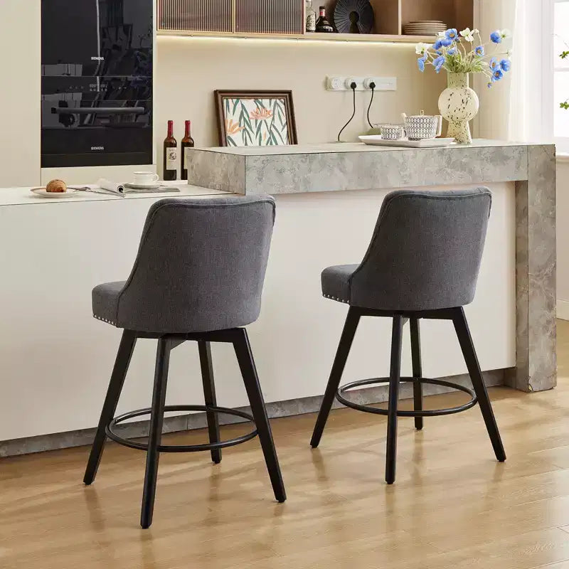 2 tabourets de bar pivotants de 66 cm avec dossier, pieds en bois massif et dossier en similicuir pour îlot de cuisine