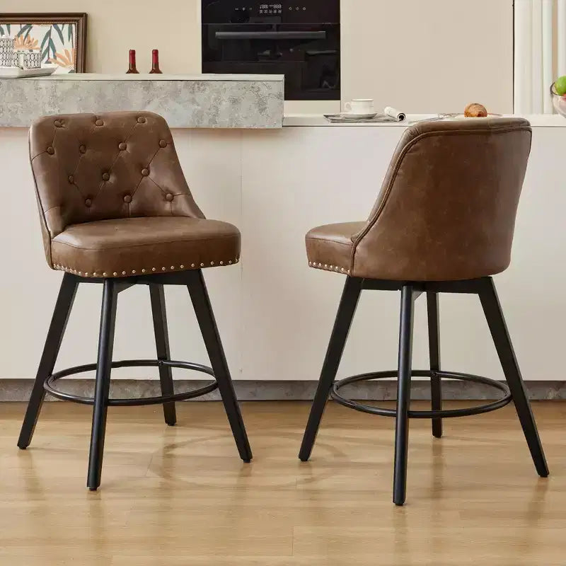 2 tabourets de bar pivotants de 66 cm avec dossier, pieds en bois massif et dossier en similicuir pour îlot de cuisine