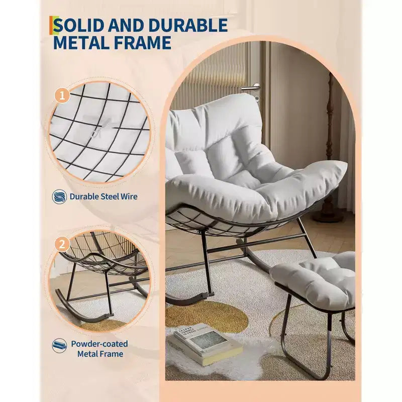 Chaise longue avec repose-pieds, fauteuil à bascule intérieur/extérieur avec pouf et cadre en métal, fauteuil à bascule en rotin en forme d'œuf pour balcon, jardin, porche, chambre à coucher