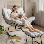 Chaise longue avec repose-pieds, fauteuil à bascule intérieur/extérieur avec pouf et cadre en métal, fauteuil à bascule en rotin en forme d'œuf pour balcon, jardin, porche, chambre à coucher