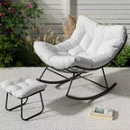 Chaise longue avec repose-pieds, fauteuil à bascule intérieur/extérieur avec pouf et cadre en métal, fauteuil à bascule en rotin en forme d'œuf pour balcon, jardin, porche, chambre à coucher