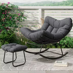 Chaise longue avec repose-pieds, fauteuil à bascule intérieur/extérieur avec pouf et cadre en métal, fauteuil à bascule en rotin en forme d'œuf pour balcon, jardin, porche, chambre à coucher