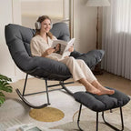 Chaise longue avec repose-pieds, fauteuil à bascule intérieur/extérieur avec pouf et cadre en métal, fauteuil à bascule en rotin en forme d'œuf pour balcon, jardin, porche, chambre à coucher