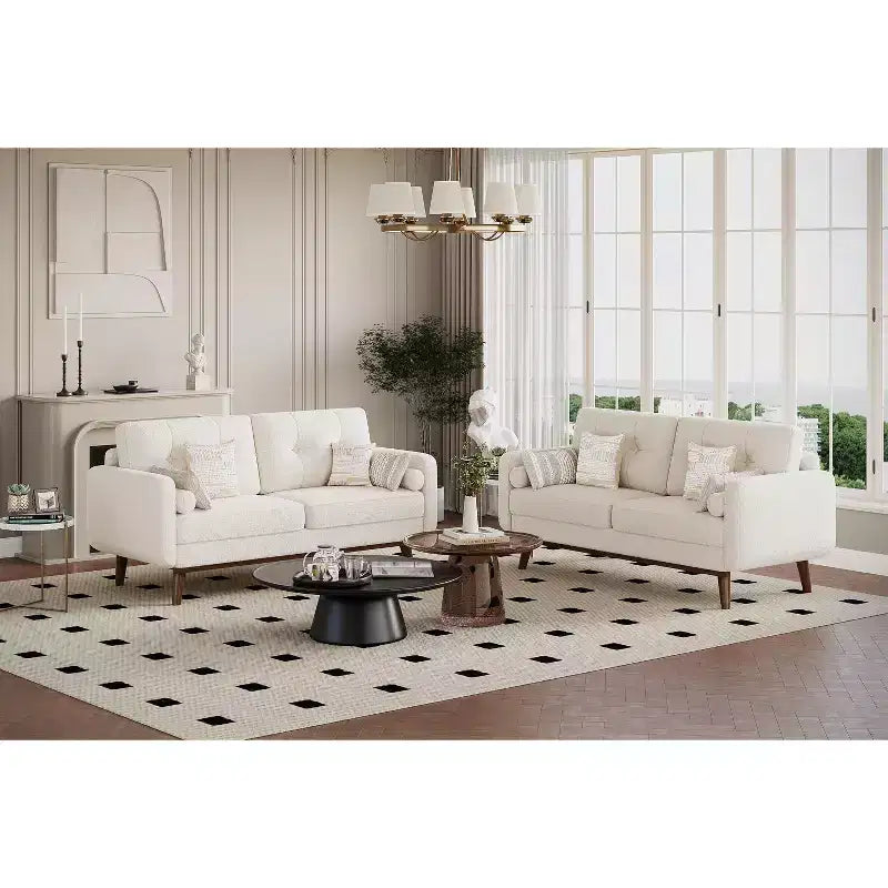 Canapé Causeuse 65, Canapé Mid-Century Moderne Confortable pour Salon, Canapés Revêtus de Lin pour Petite Chambre, Crème Beige