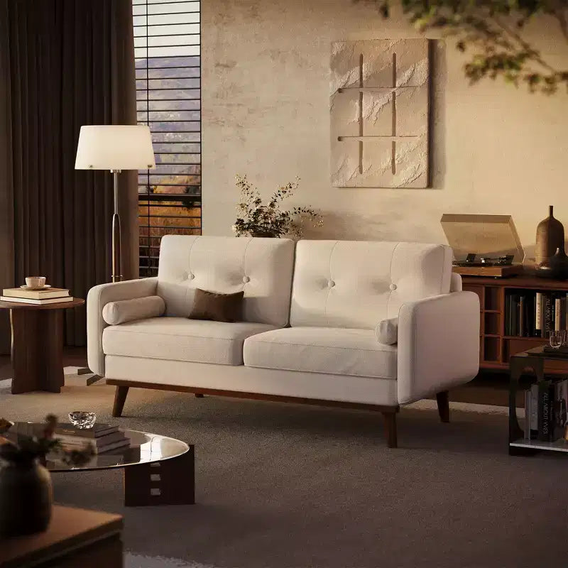Canapé Causeuse 65, Canapé Mid-Century Moderne Confortable pour Salon, Canapés Revêtus de Lin pour Petite Chambre, Crème Beige