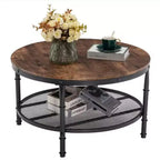 Table basse à cadre en fer thermolaqué noir avec motif argenté, panneau en bois brûlé rond à double couche de 81 cm en PVC