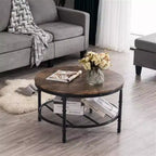 Table basse à cadre en fer thermolaqué noir avec motif argenté, panneau en bois brûlé rond à double couche de 81 cm en PVC