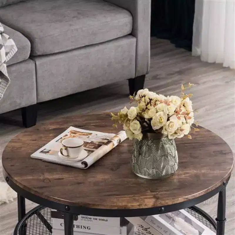 Table basse à cadre en fer thermolaqué noir avec motif argenté, panneau en bois brûlé rond à double couche de 81 cm en PVC
