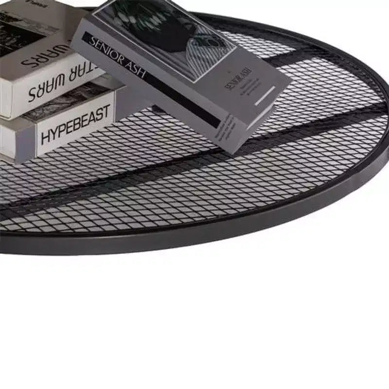Table basse à cadre en fer thermolaqué noir avec motif argenté, panneau en bois brûlé rond à double couche de 81 cm en PVC