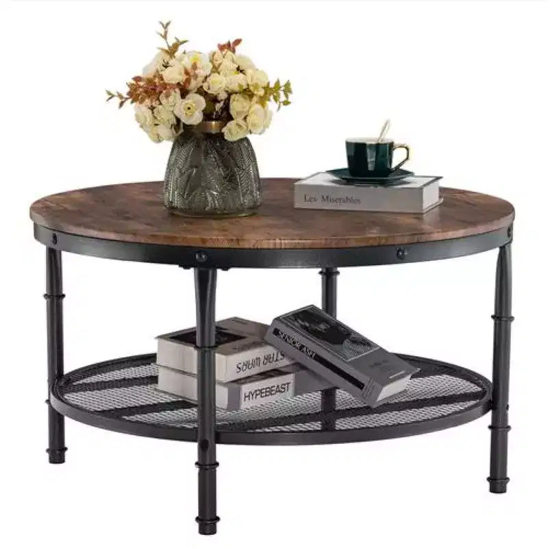 Table basse à cadre en fer thermolaqué noir avec motif argenté, panneau en bois brûlé rond à double couche de 81 cm en PVC