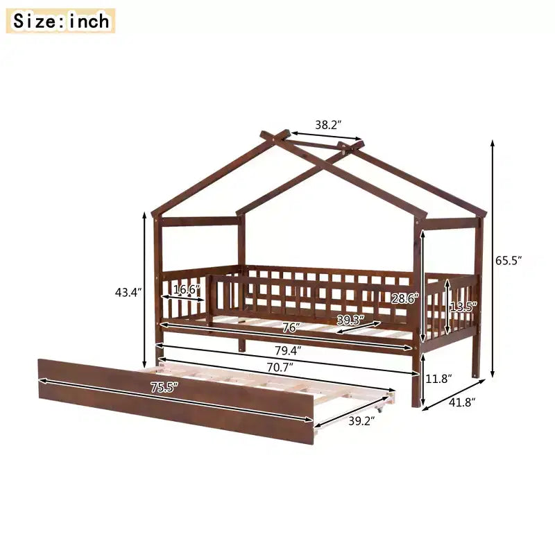 Lit cabane Bellemave une place avec lit gigogne, lit de style Montessori avec garde-corps pour enfants, garçons, filles, marron