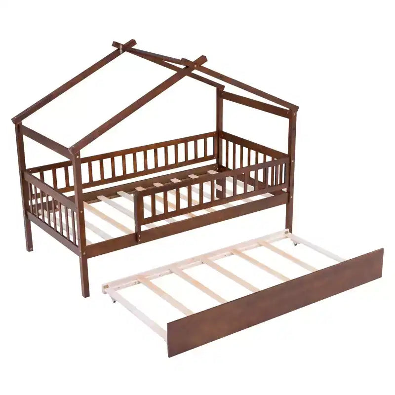 Lit cabane Bellemave une place avec lit gigogne, lit de style Montessori avec garde-corps pour enfants, garçons, filles, marron