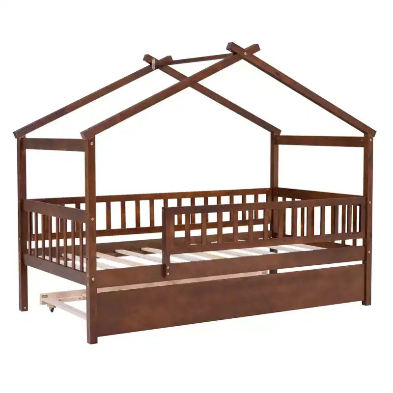 Lit cabane Bellemave une place avec lit gigogne, lit de style Montessori avec garde-corps pour enfants, garçons, filles, marron