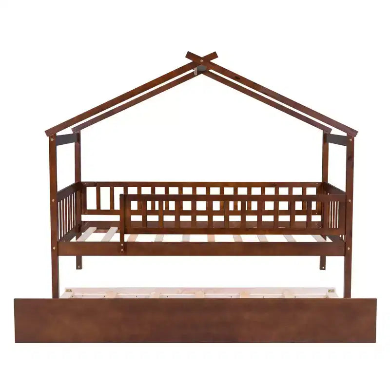 Lit cabane Bellemave une place avec lit gigogne, lit de style Montessori avec garde-corps pour enfants, garçons, filles, marron