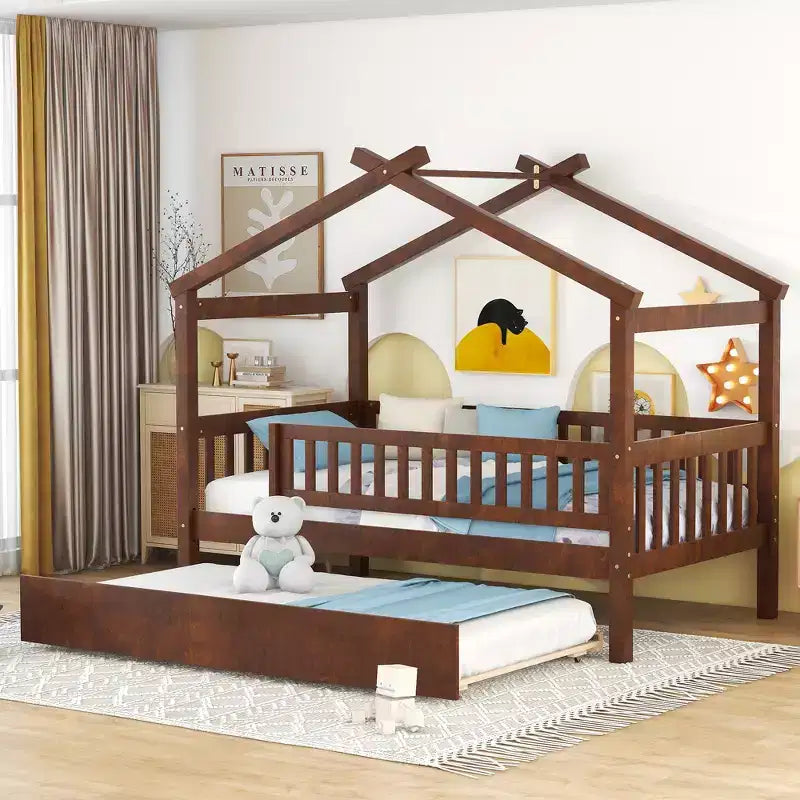 Lit cabane Bellemave une place avec lit gigogne, lit de style Montessori avec garde-corps pour enfants, garçons, filles, marron