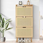Meuble à chaussures COZONY avec tiroirs à abattant et rotin tressé, Organisateur de rangement étroit à 3 niveaux, Banc d'entrée peu encombrant pour couloir ou porche