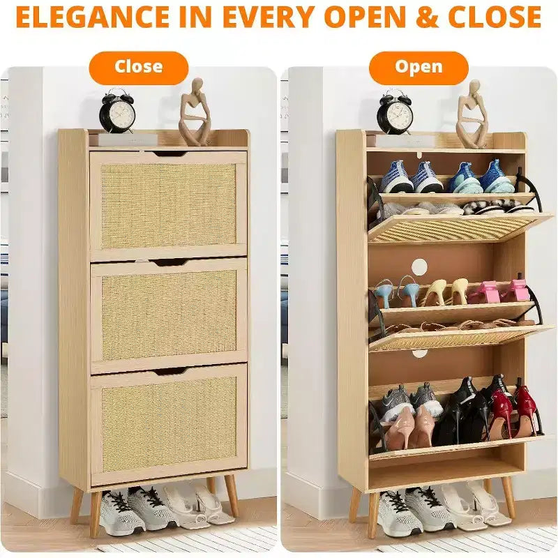 Meuble à chaussures COZONY avec tiroirs à abattant et rotin tressé, Organisateur de rangement étroit à 3 niveaux, Banc d'entrée peu encombrant pour couloir ou porche