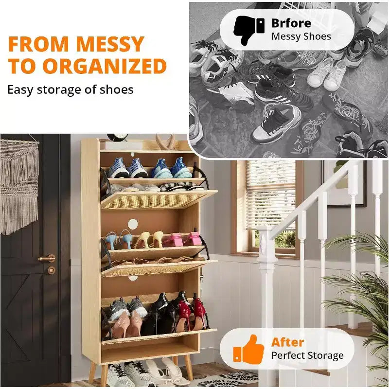 Meuble à chaussures COZONY avec tiroirs à abattant et rotin tressé, Organisateur de rangement étroit à 3 niveaux, Banc d'entrée peu encombrant pour couloir ou porche