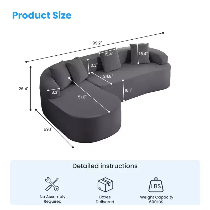 Mjkone Canapé d'angle en chenille 99'' avec méridienne incurvée, canapé 3 places Cloud moderne