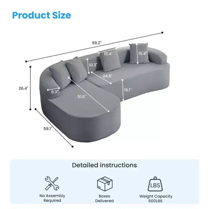 Mjkone Canapé d'angle en chenille 99'' avec méridienne incurvée, canapé 3 places Cloud moderne
