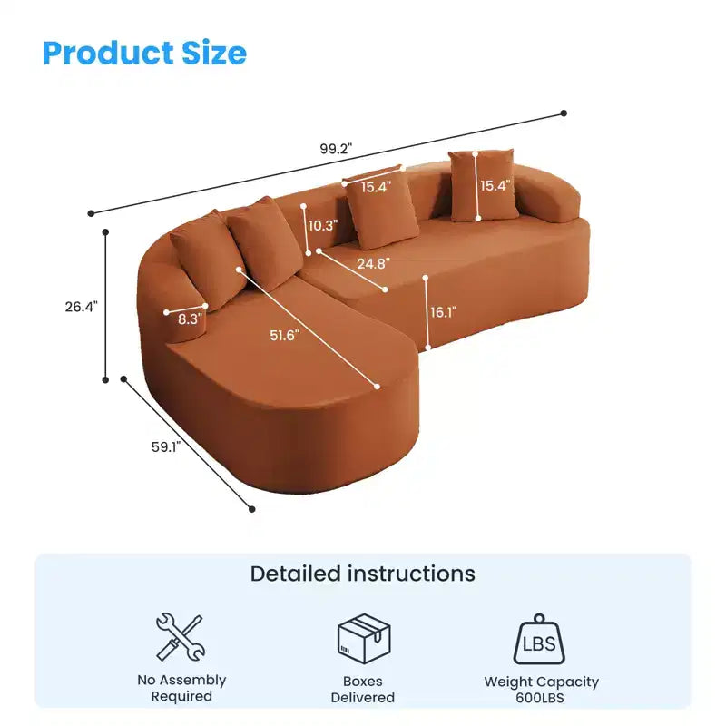 Mjkone Canapé d'angle en chenille 99'' avec méridienne incurvée, canapé 3 places Cloud moderne