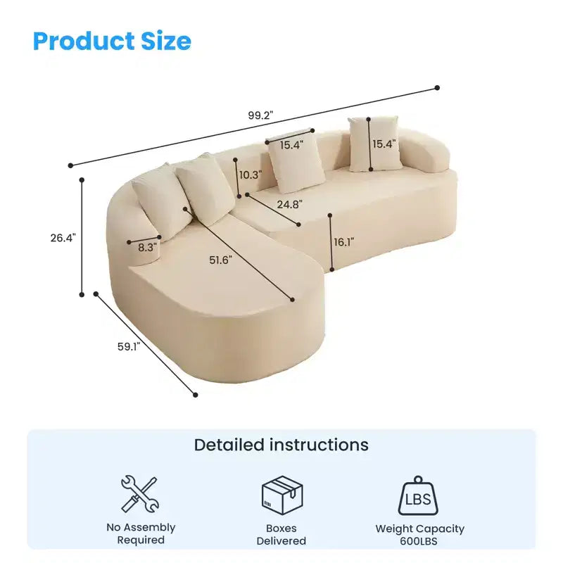 Mjkone Canapé d'angle en chenille 99'' avec méridienne incurvée, canapé 3 places Cloud moderne