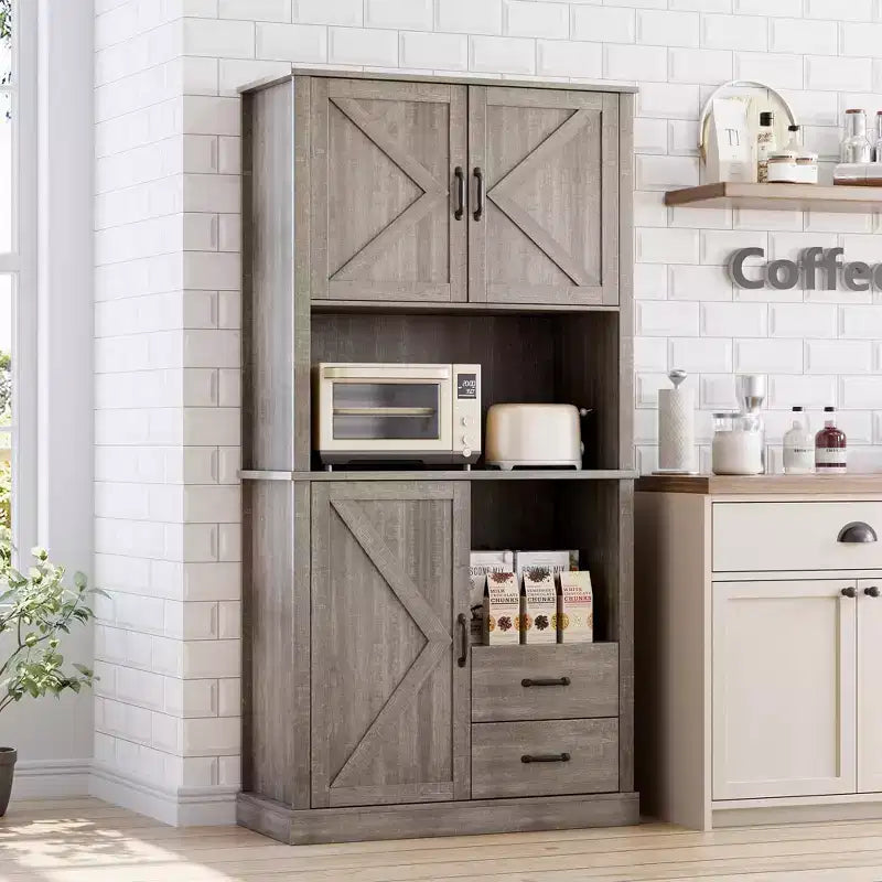 Meuble de cuisine avec support pour micro-ondes, buffet de rangement haut avec tiroirs pour salle à manger et salon