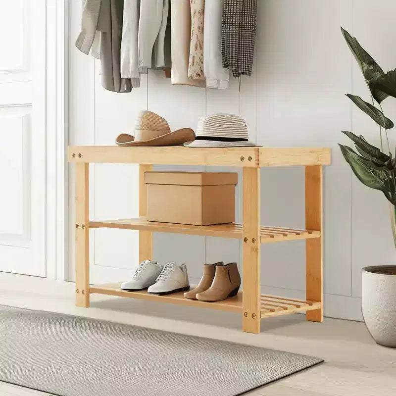 MAYEERTY Meuble à chaussures en bambou 3 niveaux avec banc, rangement compact, capacité de 130 kg
