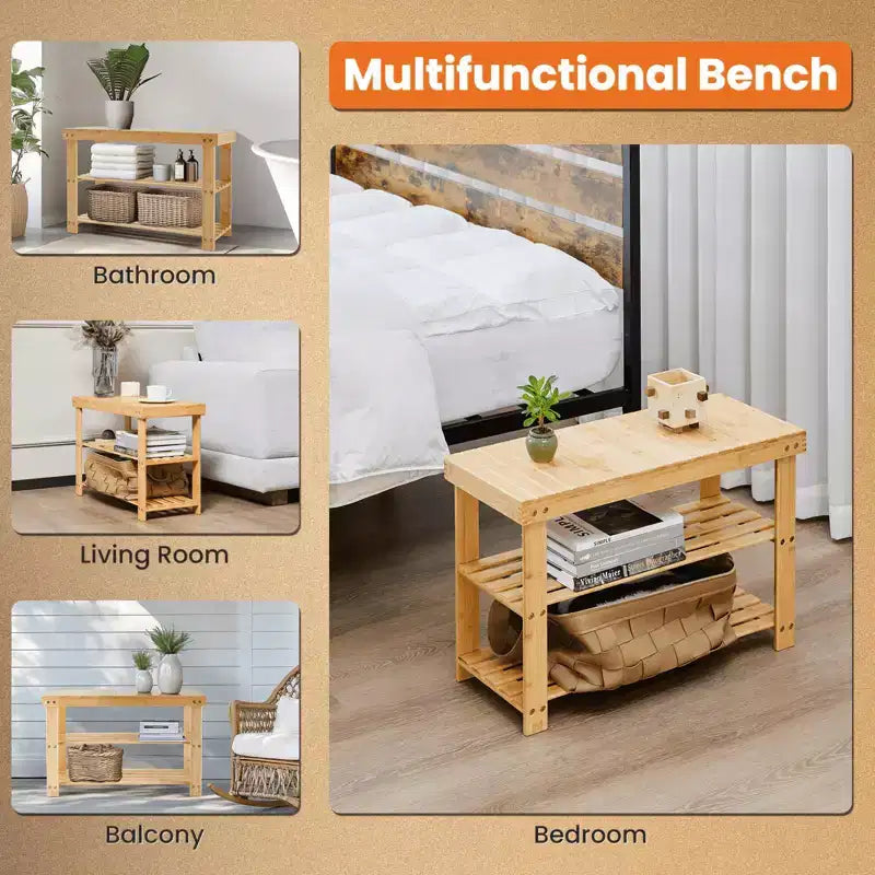 MAYEERTY Meuble à chaussures en bambou 3 niveaux avec banc, rangement compact, capacité de 130 kg